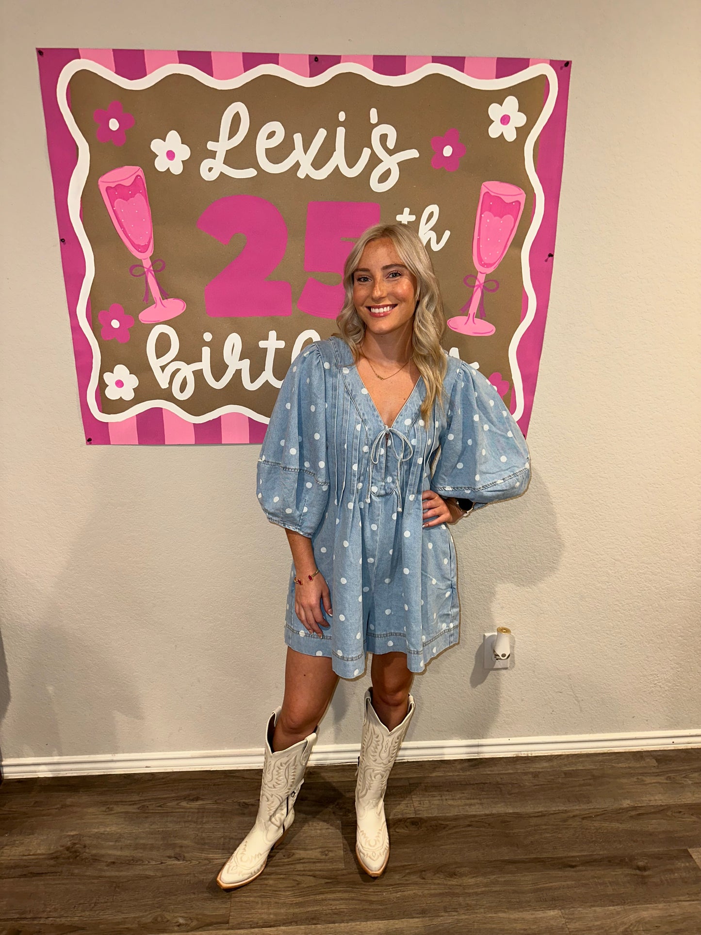 polka dot denim romper