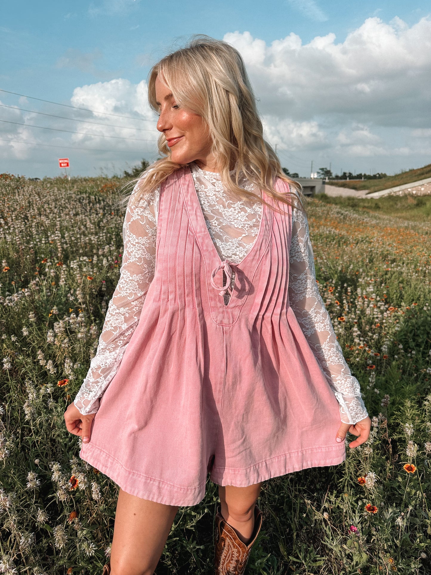 pink skies denim romper