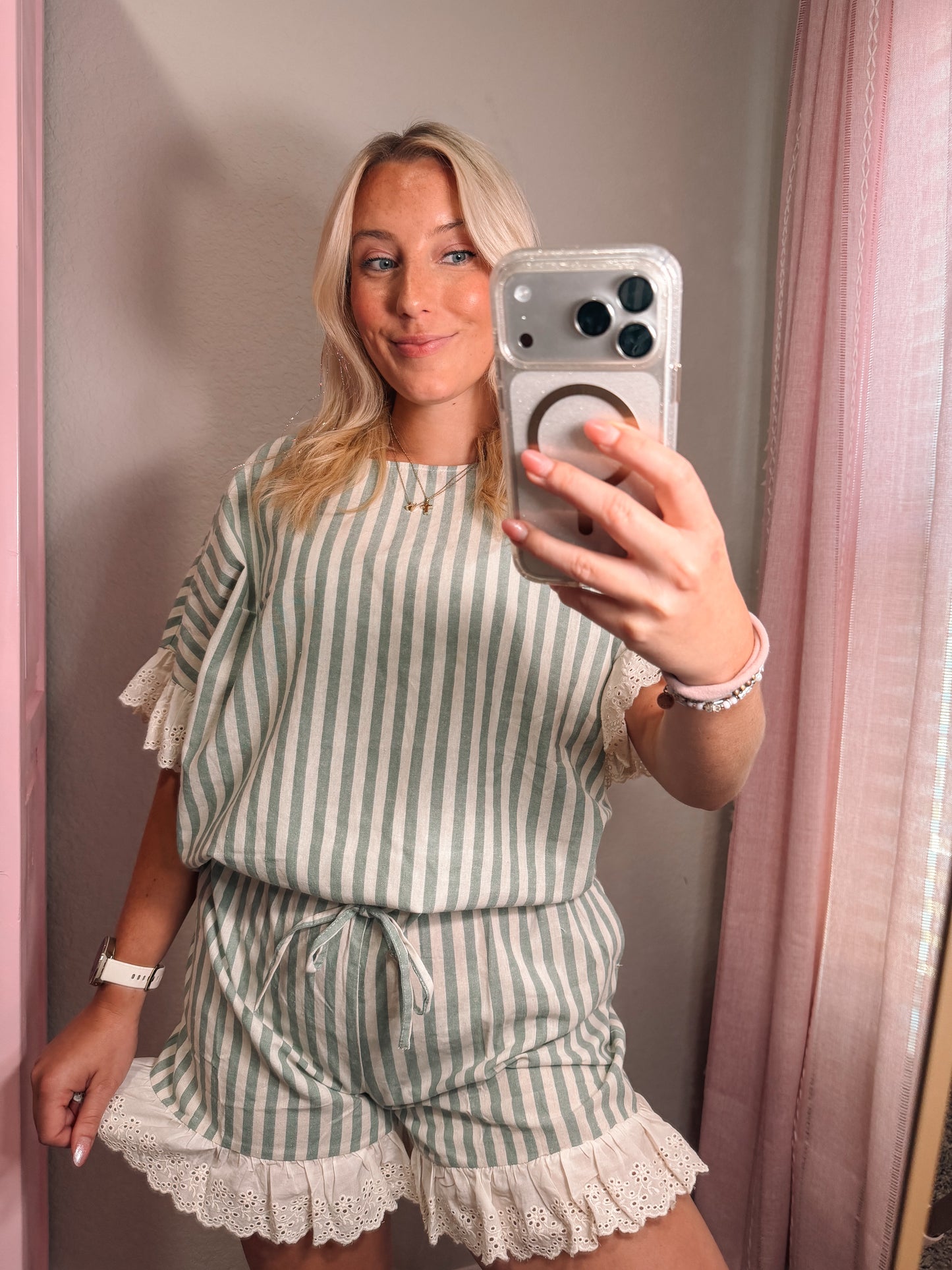 green eyelet striped set