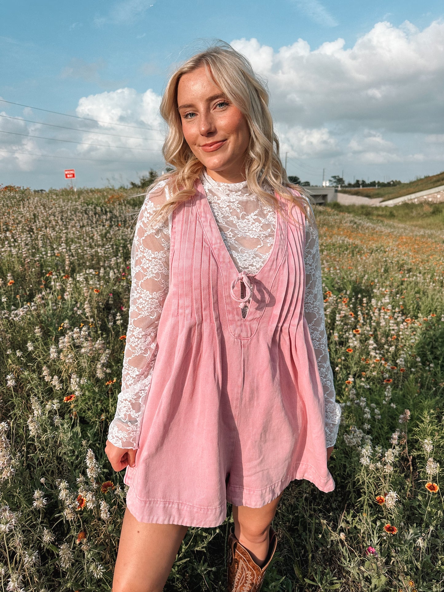 pink skies denim romper