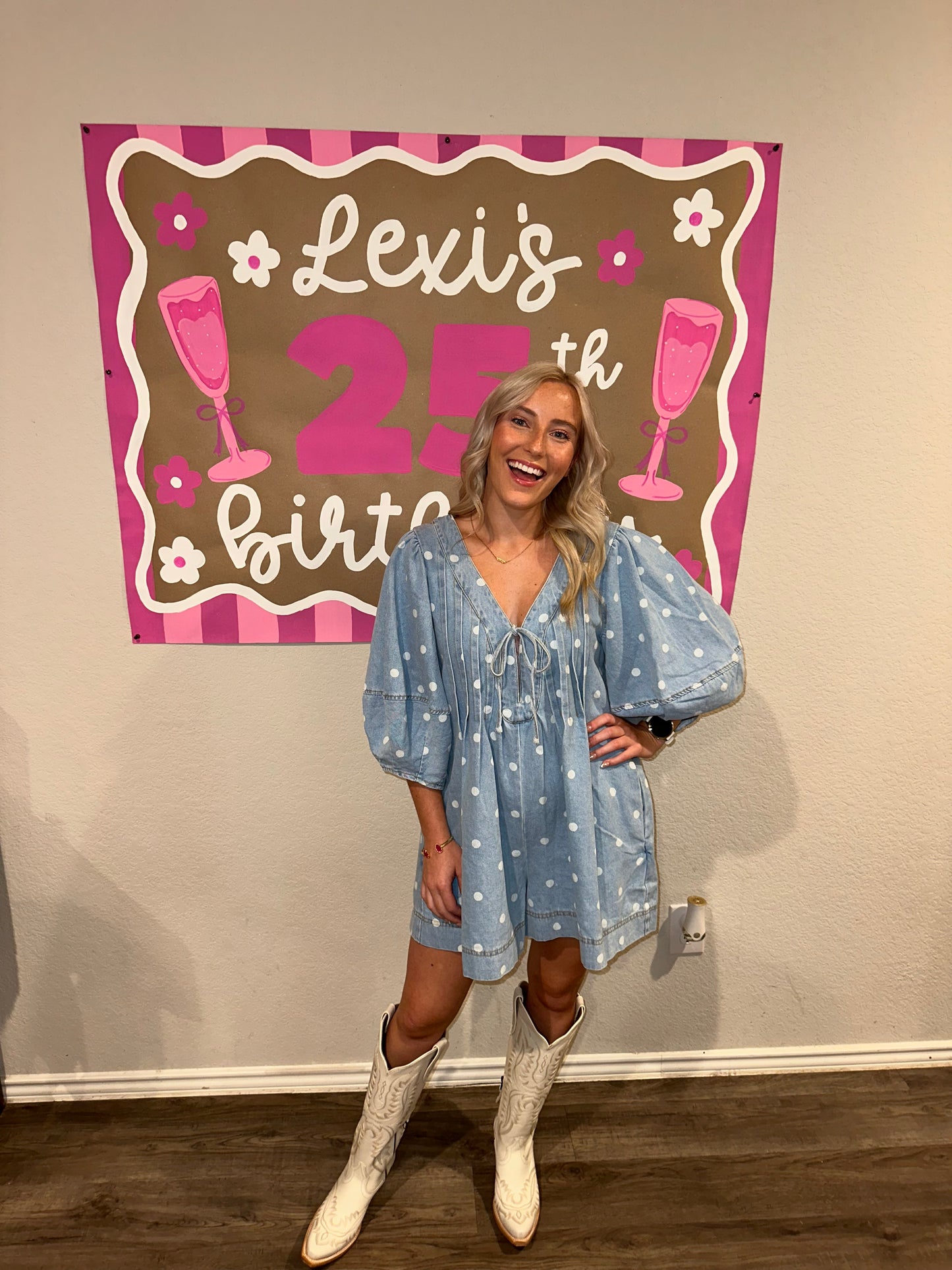 polka dot denim romper