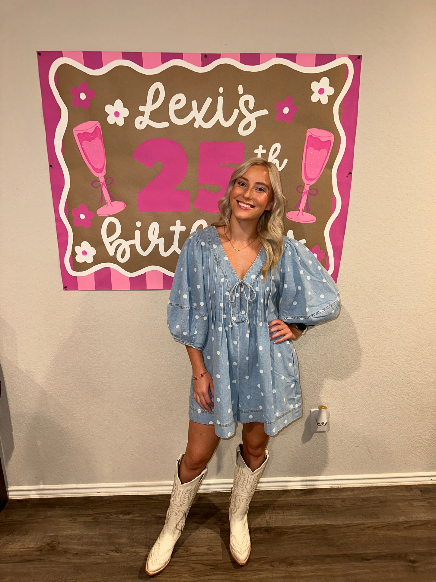 polka dot denim romper