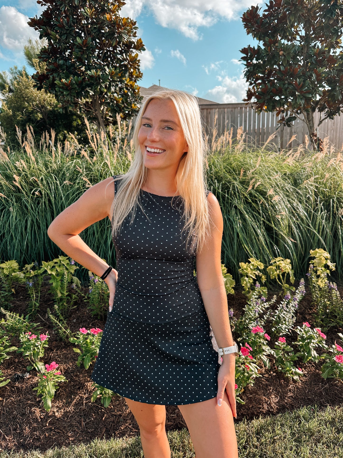 black polka dot athletic dress