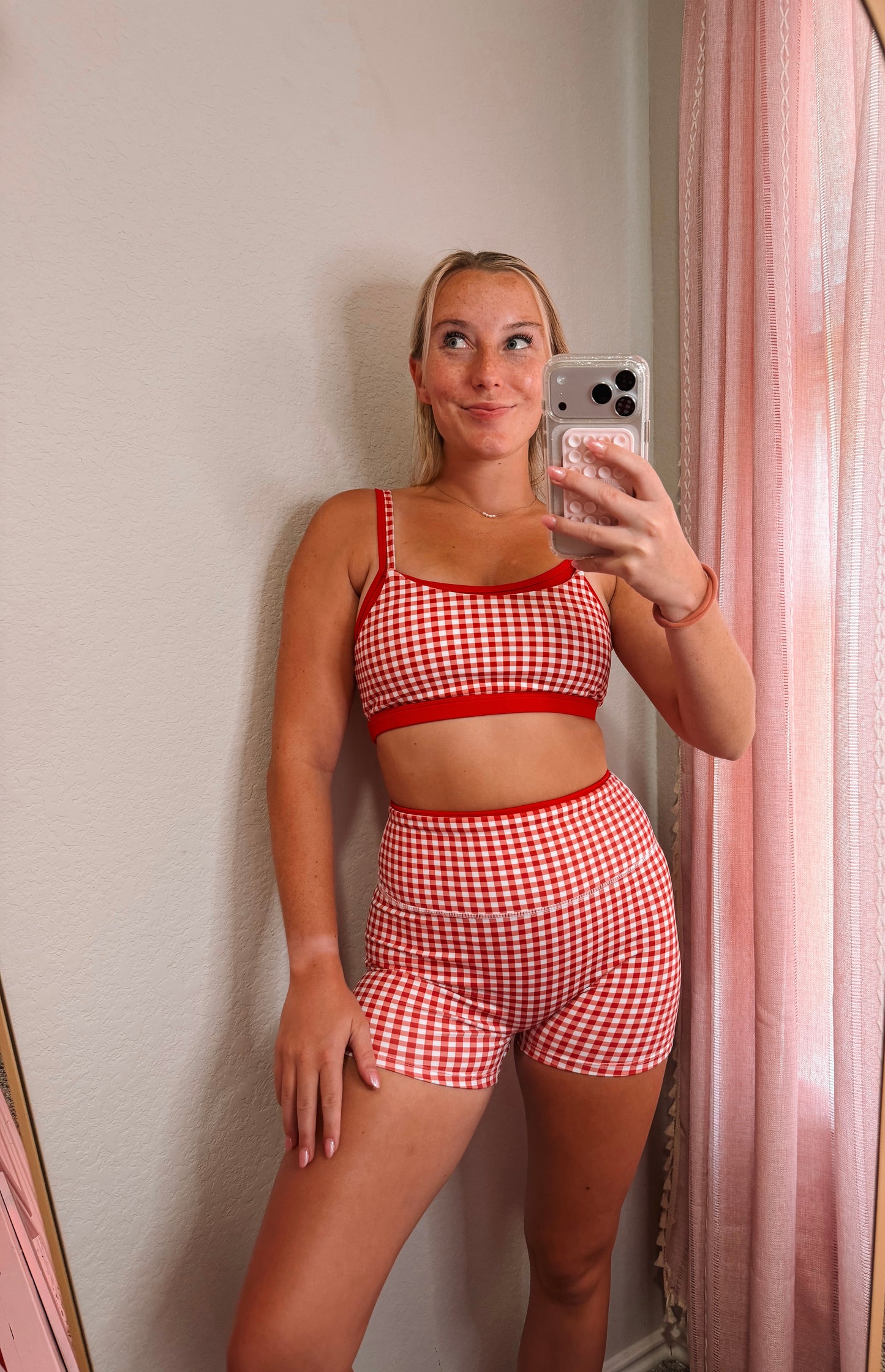 red gingham workout set